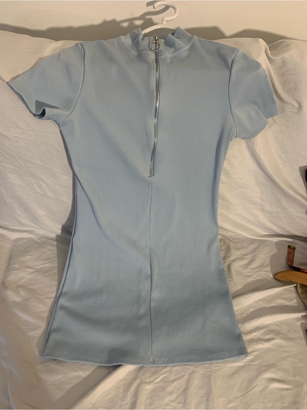 Urban Outfitters Pale Blue Ribbed Zip Mock-Neck Tee